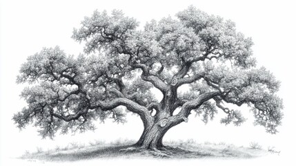 Detailed grayscale drawing of a mature oak tree
