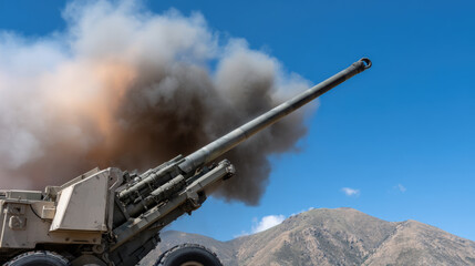 Cannon fires smoke and fire into sky, showcasing military power against backdrop of mountains and blue sky. scene captures intensity and drama of live artillery