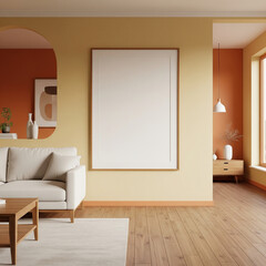Living Room Wall Poster Mockup Featuring an ISO A Frame on a House Background in 3D Render Style	
