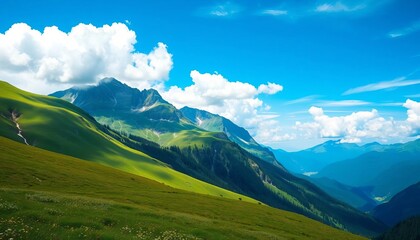 Naklejka premium Idyllic green meadow, majestic mountains under a vibrant blue sky with fluffy clouds, beauty, scenic