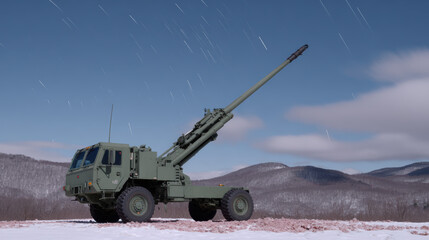 Military vehicle in snowy landscape with mountains in background, showcasing long artillery barrel under starry night sky. scene conveys sense of strength and readiness