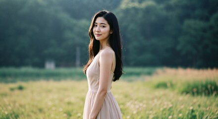 Graceful Woman in Light Dress Standing in a Meadow at Sunset