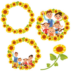 家族と色々な向日葵のフレーム