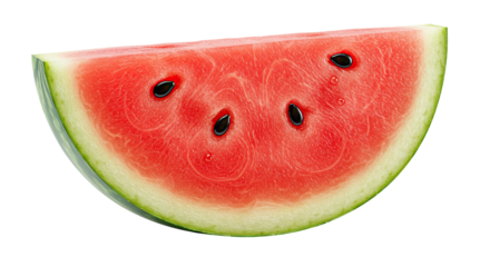 Freshly sliced watermelon wedge with vibrant red flesh and black seeds isolated
