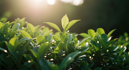 Sunlit Green Leaves with Soft Bokeh Background, Fresh Nature Foliage