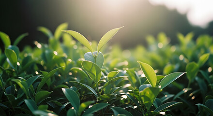 Lush Green Leaves Bathed in Golden Sunlight, Close-up of Natural Growth and Vibrant Foliage