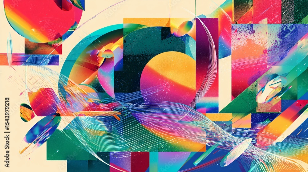 Poster abstract colorful geometric shapes composition with fluid movement and vibrant lines