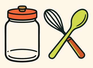  Retro Kitchen Utensils Illustration Jar, Whisk, and Spoon Icon in Flat Style
