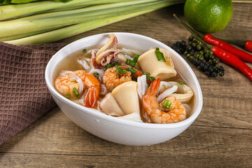Vietnamese Pho Bo soup with seafood