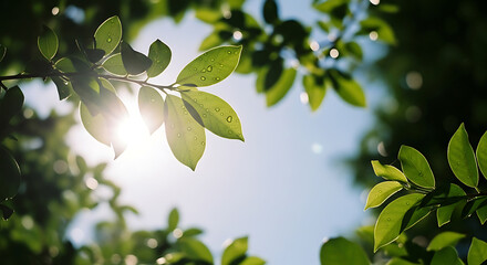 Sunlight filtering through fresh green leaves with water droplets against a clear sky