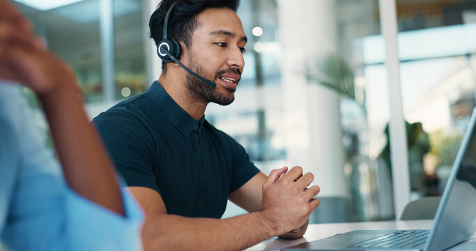 Financial consultant, laptop or man in call center for chat, online help or business loan advice. FAQ, coworking or inbound finance agent in office for insurance service, answer and communication