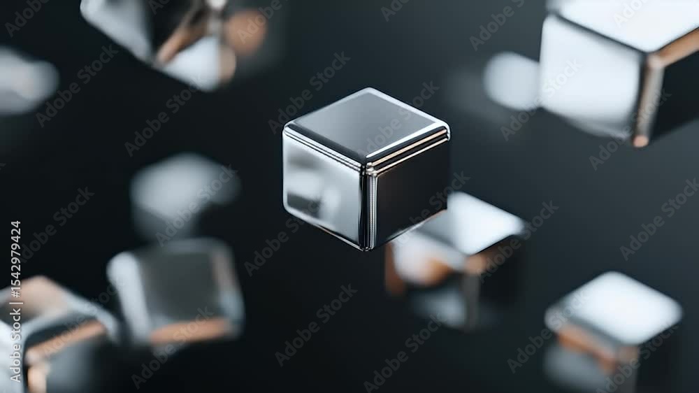 Poster abstract metallic cubes floating with reflection on a dark background