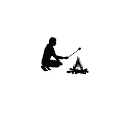 Silhouette of a person roasting marshmallows over a campfire on white background