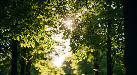 Sunlight filtering through vibrant green forest canopy, creating a serene and natural pathway with bright leaves and dappled light.