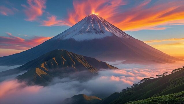 Majestic Volcano at Sunrise Above the Clouds