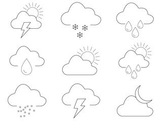 Obraz premium WebMinimal Line Weather Icons Set – Sun, Cloud, Rain, Wind, Snow, and Forecast Symbols