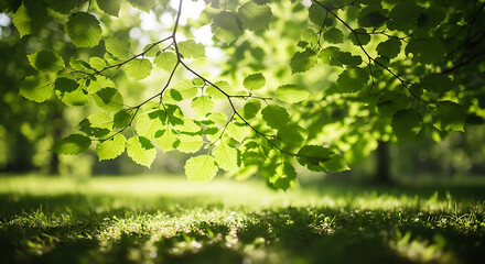 Fresh Green Leaves Bathed in Golden Sunlight, Creating a Serene Nature Background with Lush Grass and Bokeh