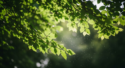 Sunlight illuminates vibrant green leaves and atmospheric particles in a serene forest canopy, creating a peaceful natural background.