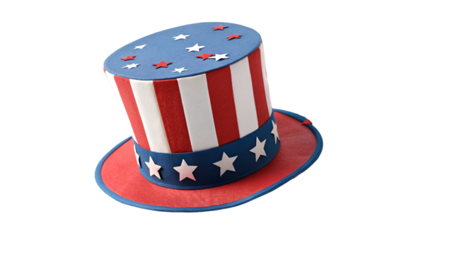 Patriotic uncle sam hat usa flag stars and stripes american independence day celebration party costume accessory isolated on transparent background
