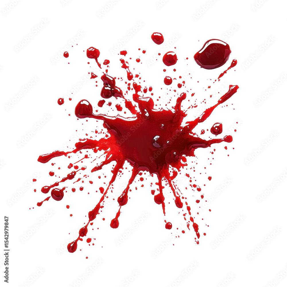 Poster blood splatter on white background creating a stark contrast highlighting the vivid red color and dy