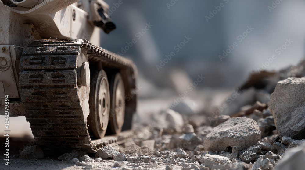 Poster detailed view of robotic vehicle wheels and track system on rough terrain, showcasing durability and
