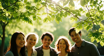 Diverse group of smiling friends enjoying a sunny day outdoors, framed by vibrant green leaves