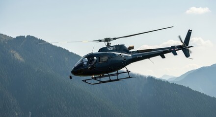 Helicopter flying above the mountains in sunny day