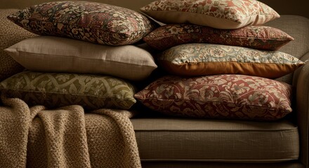 Cozy Autumn Decor A Stack of Textured Throw Pillows and Blanket