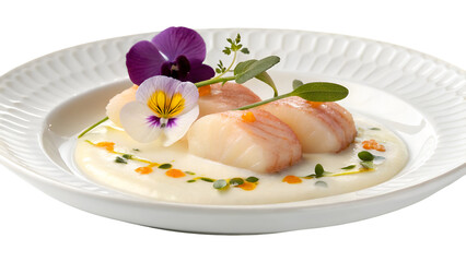 Exquisite scallop dish with floral garnish gourmet food photography and fine dining presentation style image isolated on transparent background