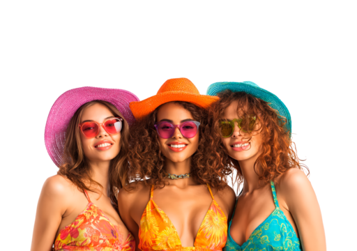 Smiling women in colorful hats and sunglasses on transparent background, PNG