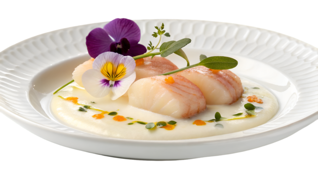Exquisite scallop dish with floral garnish gourmet food photography and fine dining presentation style image isolated on transparent background