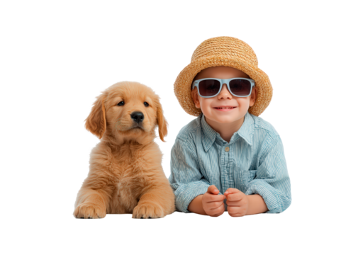 Cute child and puppy friendship in sunglasses and sun hat on transparent background, PNG