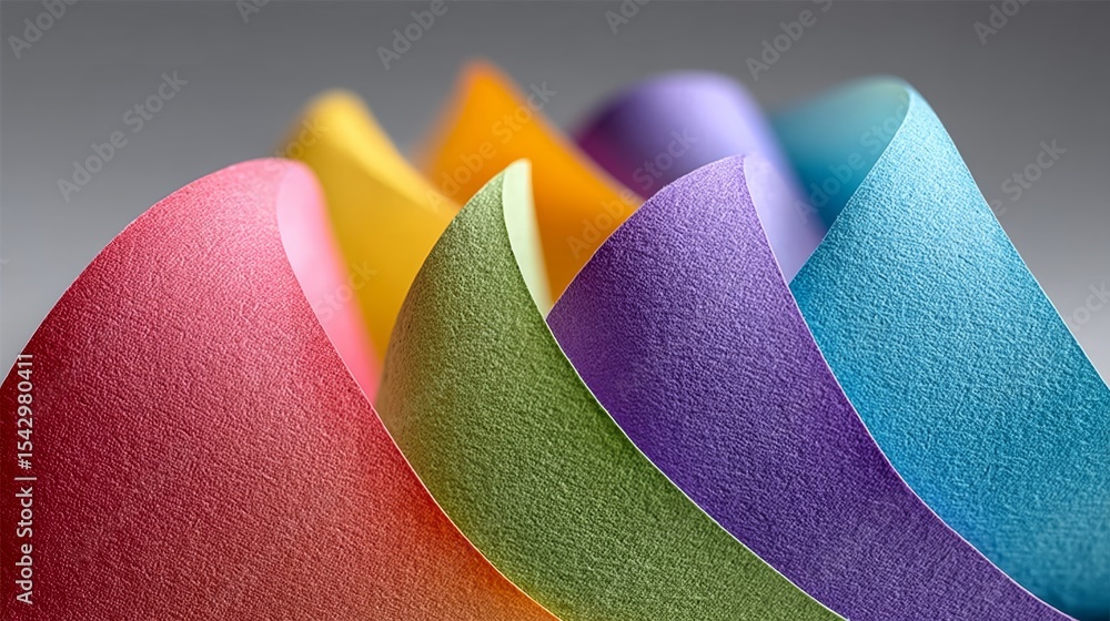 Poster colorful stack of paper with a rainbow pattern. the paper is arranged in a way that creates a visual