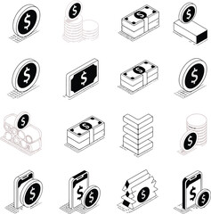 Isometric illustration of money and finance icons including coins bills and smartphones with dollar signs