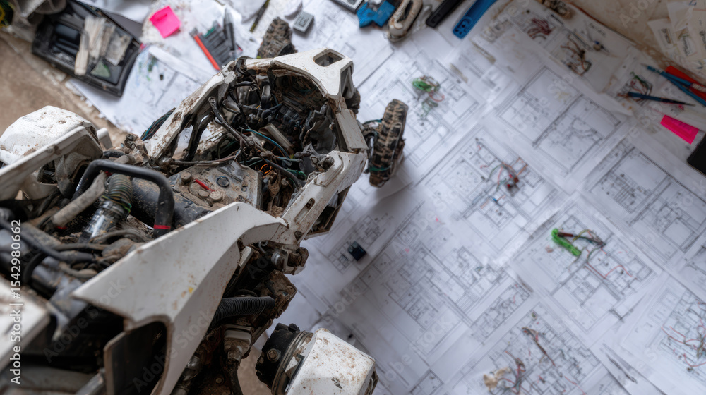 Poster disassembled view of robotic vehicle on cluttered tech bench, surrounded by blueprints and tools, sh