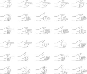 A collection of hand drawn illustrations showing various hand gestures and finger positions on a white background