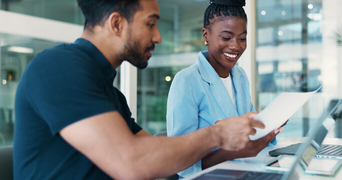 Office, man and woman with document, review and plan for proposal with info, collaboration and tech. Happy, account manager and reading paperwork for financial report, teamwork and people with laptop