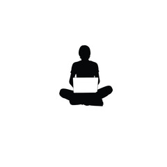 Silhouette of a person sitting cross-legged with a laptop on white background