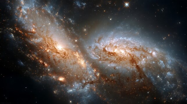 Two colliding galaxies with streams of golden and copper dust, cosmic ballet in high detail, glowing core, sharp clarity, no noise, no text, no watermark 