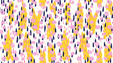 Seamless abstract vector pattern with bold yellow shapes, navy blue and pink raindrop elements, and hand drawn floral dots. Modern, playful design for textiles, wrapping, or digital backgrounds