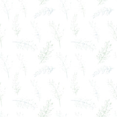 Seamless vector pattern featuring delicate hand drawn grass stems in a subtle monochrome style on a white background. Elegant and minimal, ideal for textiles, wallpapers, packaging, stationery