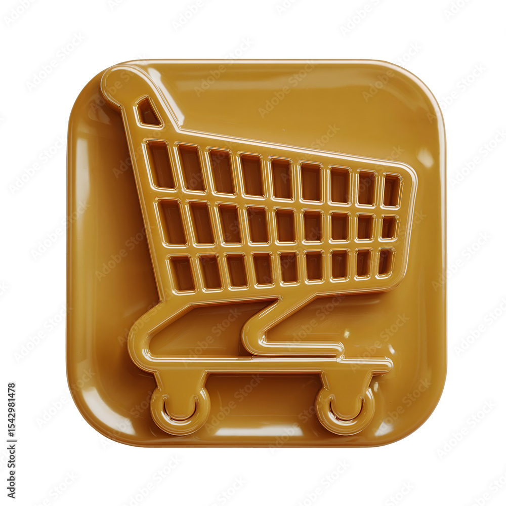 Poster golden 3 d plastic shopping cart icon square button app design element isolated on a transparent bac
