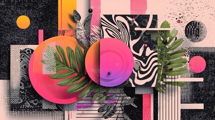 A vibrant abstract collage featuring layered shapes, botanical elements, and CMYK color gradients.