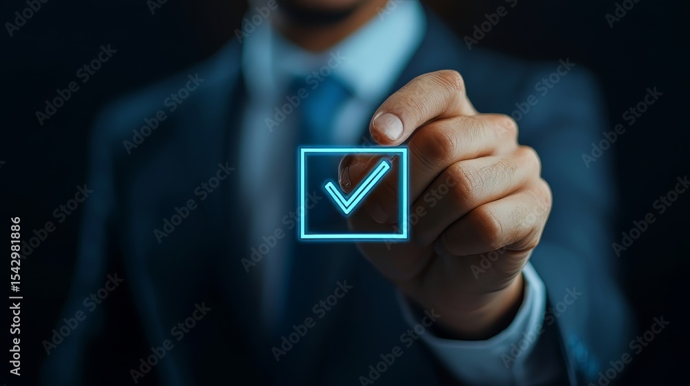 Poster a businessman marking a checkbox on a virtual screen, representing paperless document approval and q