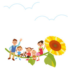 大きな向日葵に座って手を振る家族