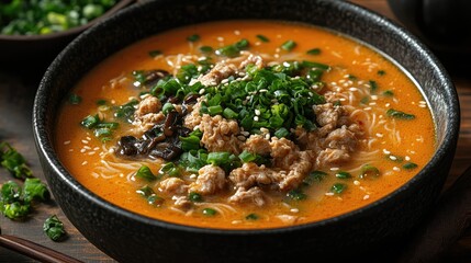 Spicy Ramen Noodle Soup in Bowl, Chopped Green Onions, Sesame Seeds, and Pork in Dark Bowl, Wooden Table Background