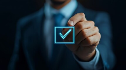 A businessman marking a checkbox on a virtual screen, representing paperless document approval and quality assurance.