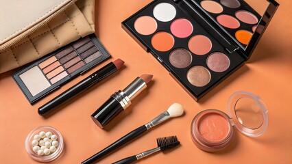 Assorted Makeup Set with Eyeshadow, Lipstick, and Blush on Neutral Background