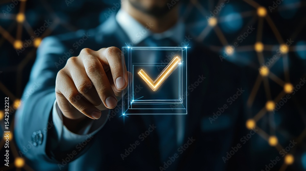 Poster a businessman marking a checkbox on a virtual screen, representing paperless document approval and q