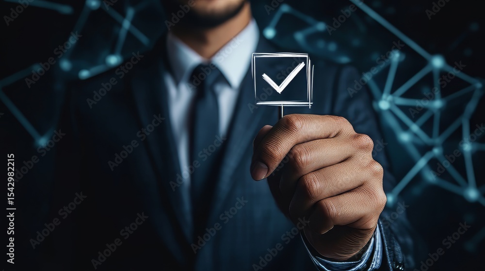 Poster a businessman marking a checkbox on a virtual screen, representing paperless document approval and q